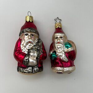 2 Vintage Inge Glas Blown Glass Santa Claus Ornaments Holding Tree & Sac